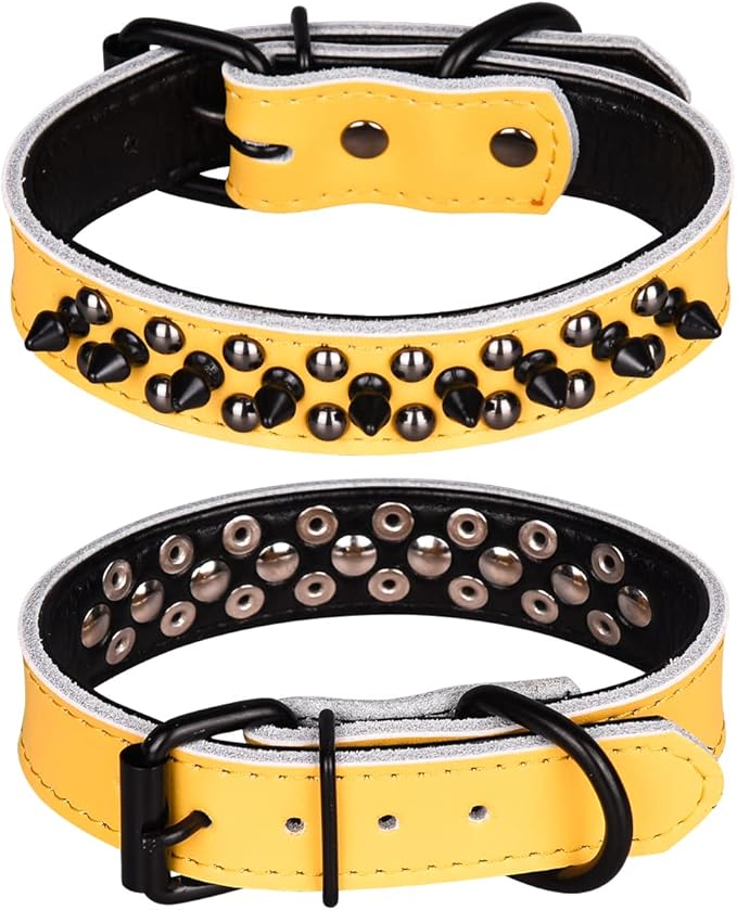 Adjustable Genuine Leather Spiked Studded Dog Collars for Small Medium Large Pets Like Pit Bull Bulldog Pugs Husky (M, Yellow1)