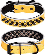 Adjustable Genuine Leather Spiked Studded Dog Collars for Small Medium Large Pets Like Pit Bull Bulldog Pugs Husky (L, Yellow1)