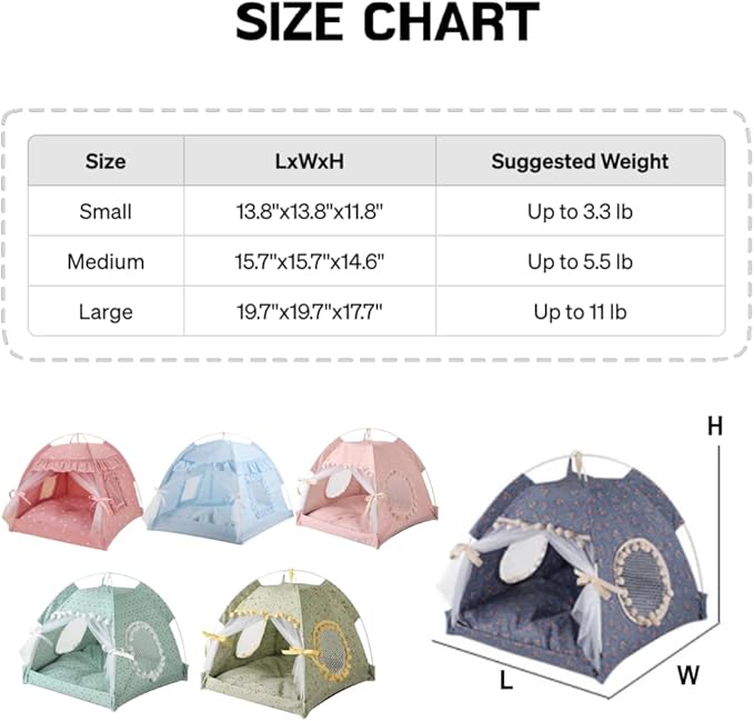 Cat Bed Tents Dog House Indoor Outdoor Lace Mesh Breathable Windows Door Curtains Removable Portable Nest Teepe House (Medium,Pink(Flower))