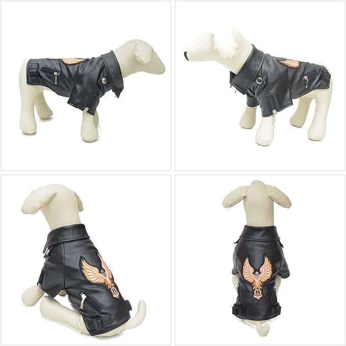 Lovelonglong Cool Dog Leather Jacket, Warm Coats Dogs Windproof Cold Weather Coats for Large Medium Small Dogs with Eagle Embroidery Black XS