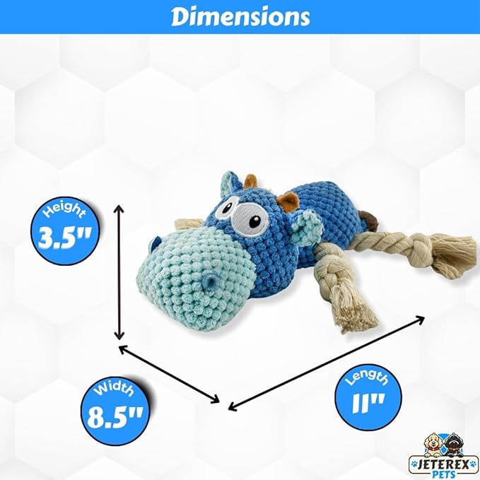 Large Dog Toy - Blue Cow Squeaky Dog Toys for Large Dogs, Medium and Small Dogs. Interactive with Pineapple Plush Fabric, Rope Legs, Hidden Seams, Crinkle Paper, Embroidered Eyes