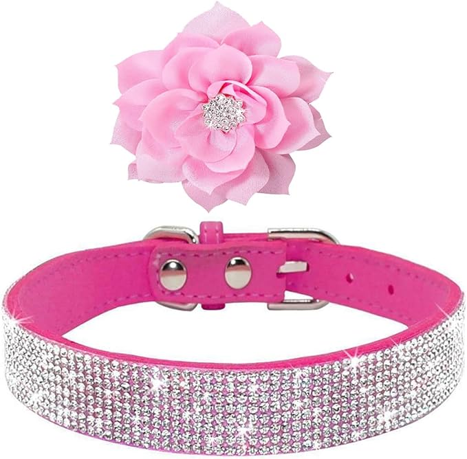 Serijoars Small Dog Collar with Rhinestone Crystal Diamond Colorful Bling Girl Puppy Cat Collars (XS, Hot Pink6)