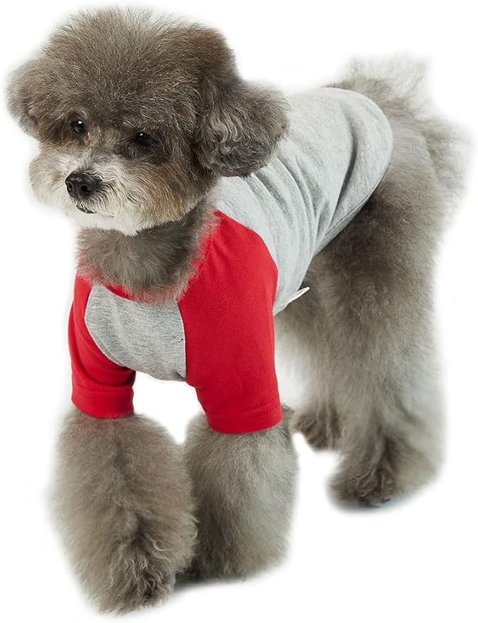 Dog T-Shirt for Small and Large Dogs, Raglan Cotton, Soft, Breathable, Grey/Red, X-Small