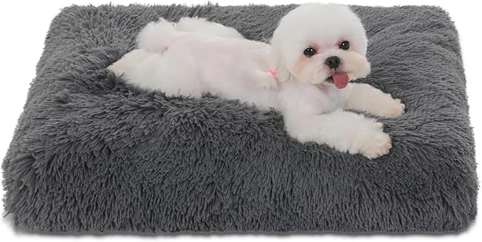 Bedfolks Waterproof Dog Crate Pad, Plush Dog Kennel Bed with Removable Cover, Faux Fur, Washable, 21"x13", Dark Grey