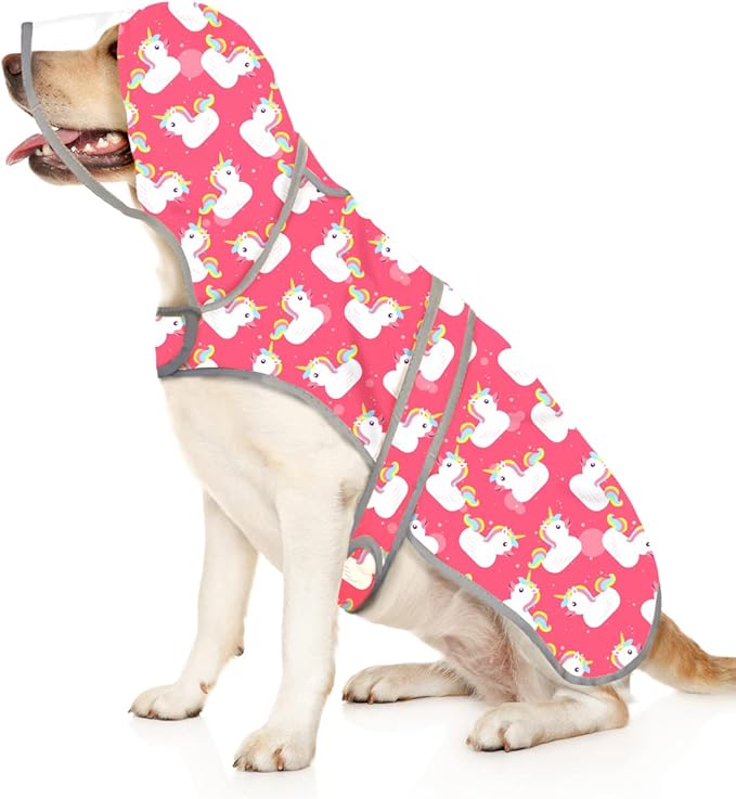 HDE Dog Raincoat with Clear Hood Rain Jacket Poncho for Small Medium Large Dogs Unicorn Ducks Pink - L