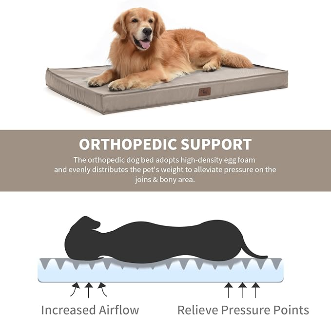 Outdoor All Weather XL Dog Bed, Waterproof Pet Bed for Extra Large Dogs, Orthopedic Egg Crate Foam with Removable Washable Oxford Cooling Cover, 44x32 Inch, Khaki