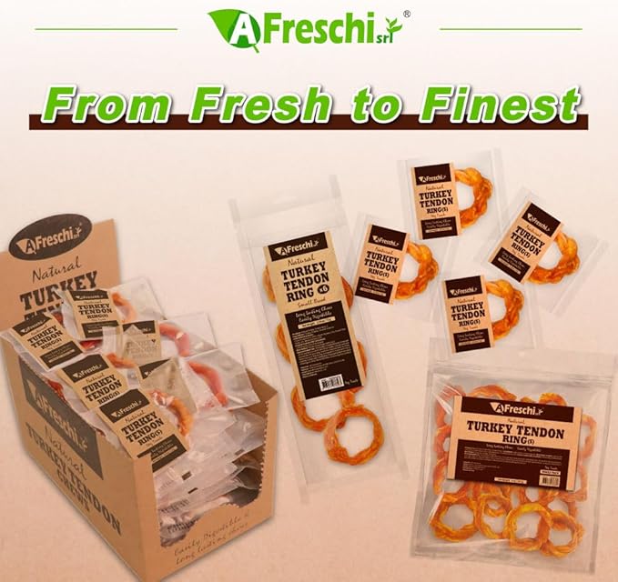 AFreschi Turkey Tendons for Dogs, USA-Sourced, Healthy Dog Treats, Rawhide-Free Puppy Chews, Long Lasting, All Natural, Hypoallergenic Dog Treats for Small Breeds, 8 oz Pack Ring (S)