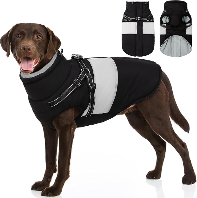 SUNFURA Dog Jacket, Large Dog Coat with Harness Built in, Warm Pet Winter Jacket Zippered Snow Coat with Furry Collar, Waterproof Fleece Snowsuit for French Bulldog, Black L