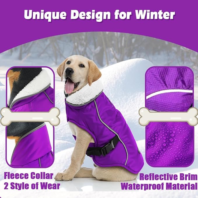 EMUST Dog Coat Winter, Waterproof Pet Snow Jacket for, Adjustable Small/Medium/Large Dog Coat/s for Winter, Purple, L