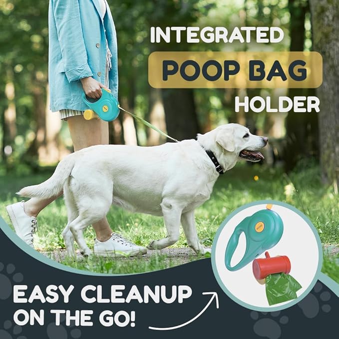 Retractable Dog Leash for Small and Medium Dogs 10 ft, Heavy Duty Nylon Rope with Poop Bag Dispenser, Impact Proof Carabiner, Anti-Slip Handle (Green, 10FT)