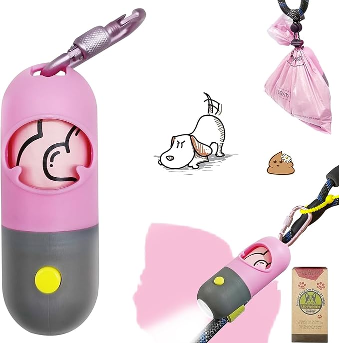 Dog Poop Bag Holder Dispenser with LED Flashlight - Night Visibility for Safe Evening Walks | Upgraded Hands-Free Leash Clip | Includes 15 Dog Waste Bags (Pink)