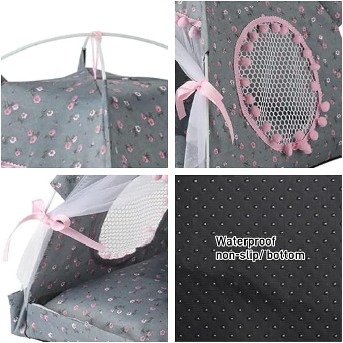 Cat Bed Tents Dog House Indoor Outdoor Lace Mesh Breathable Windows Door Curtains Removable Portable Nest Teepe House (Medium,Gray&Pink)
