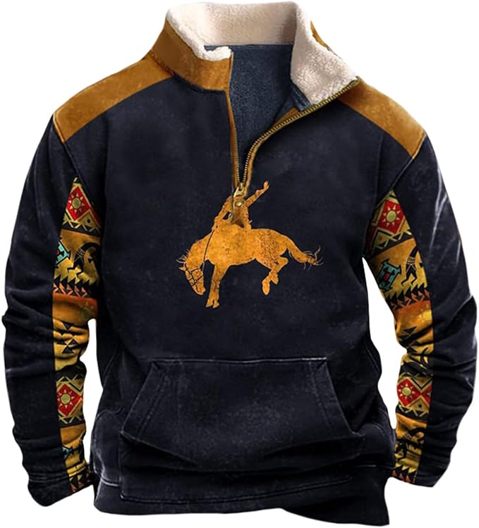 HOTYD Western Jackets for Men Cowboy Sweatshirts Vintage Ethnic Graphic Casual Long Sleeve Top 1/4 Zip Pullover Hoodies