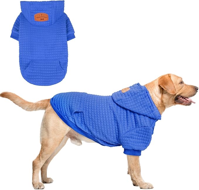 BEAUTYZOO Medium Dog Hoodie Sweater with Pockets, Dog Clothes for Small Medium Dogs Boy Girl, Waffle-Like Laminated Cotton Pet Coats with Hat and Leash Hole, Blue XL