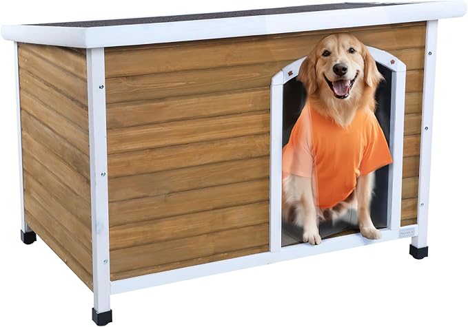 Petsfit Wooden Dog House for Medium to Large Dogs, Yellow and White, large/45.6" x 30.9" x 32.1"