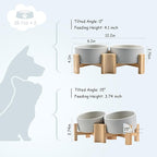 SPUNKYJUNKY 15° Slanted Ceramic Dog and Cat Bowl with Wooden Stand, Tilted Bulldog Food and Water Bowl No Slip Non-Spill for Cats Medium Dogs Big Face Pets 28.7 OZ (3.6 Cups, Grey × 2)