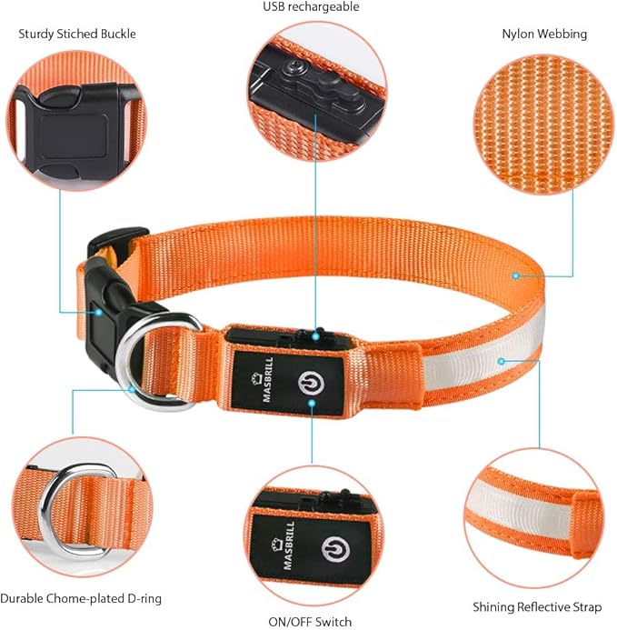 MASBRILL LED Dog Collar-Light Up Dog Collars Rechargeable Waterproof Lighted Dog Collar Night Walking Glow Collar for Small Medium Large Dogs