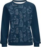Abstract Cute Cat Shirts for Women Long Sleeve Lady Crewneck Pullover Sweatshirt Fall Winter Oversized Tops