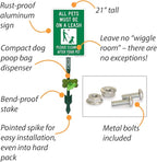 SmartSign Pets Must Be On Leash Clean Up After Pet Yard Sign & Clip-On Dispenser Combo/Kit, 7"x10" Rust-proof Metal Sign with 18-inch Steel Stake, Compact Dispenser Preloaded with a 15 Poop Bags Roll