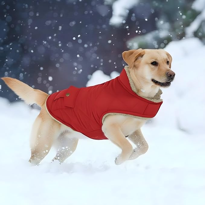 ASENKU Warm Dog Winter Coat, Waterproof Dog Coat for Cold Weather, Fleece Dogs Jacket with Ultra Thick Plush Lining Leash Hole Storage Pockets for Large Dogs (Red, Large)