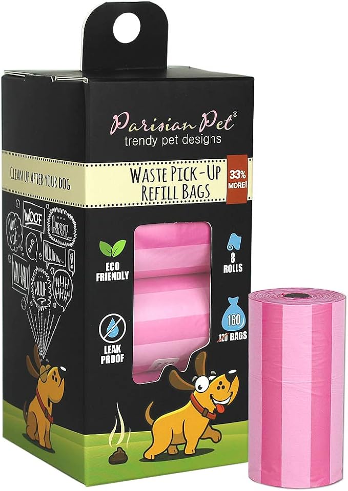 Parisian Pet Ecofriendly Dog Poop Bags Rolls - 160 Count Unscented Poop Bags For Dogs - Leakproof, Extra Thick, 8 Dog Waste Bags Refill Rolls - Striped Pink Doggie Poop Bags - Fits All Dispenser