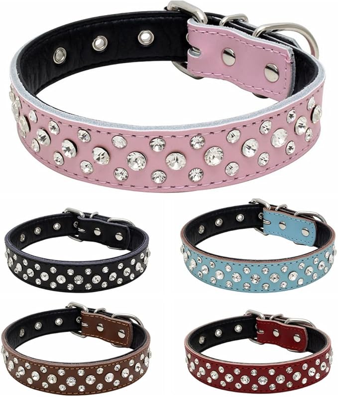 Rhinestones Dog Collar, Adjustable Sparkly Crystal Studded Genuine Leather Pet Dog Collar for Small and Medium Dogs (S, Hot Pink)
