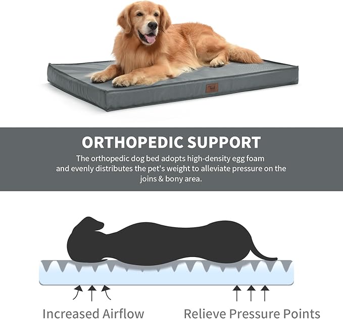 Outdoor Orthopedic Dog Bed for Medium Dogs & Cats, Waterproof Flat Pet Mat with Egg Crate Foam & Washable Removable Oxford Cover, 30x20 Inch, Grey