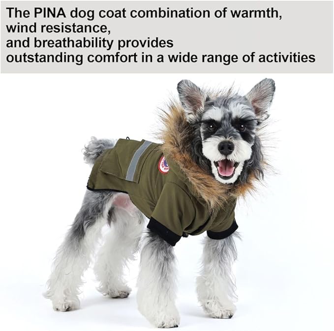 PINA Small Dog Coats - Waterproof Winter Jacket, Warm Cold Weather Coat with Faux Fur Hood and Reflective Pocket