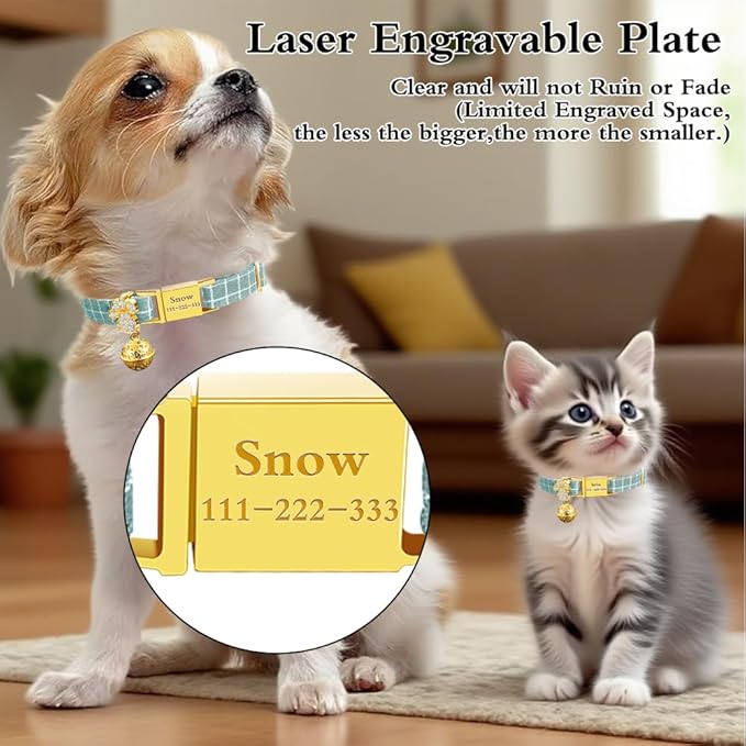 Personalized Breakaway Cat Collars - Magnetic Buckle, Bell - Safety Quick Release, Customized for Girls & Boys Cats- (Checkered-Cyan)