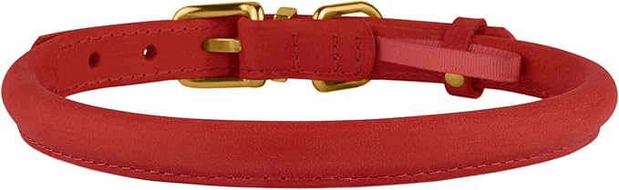 BronzeDog Rolled Leather Dog Collar with QR ID Tag, Adjustable Soft Round Collars for Small Medium Large Dogs Puppy (16" - 19" Neck Size, Classic Red)