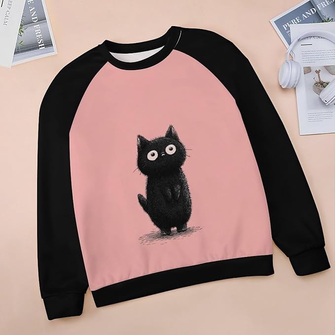 Abstract Cute Cat Shirts for Women Long Sleeve Lady Crewneck Pullover Sweatshirt Fall Winter Oversized Tops