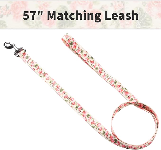 Ihoming Dog Collar and Leash Set for Daily Outdoor Walking Running Training, Pink Flowers Design for Small Boys Girls Dogs Cats Pets, S-Up to 20LBS