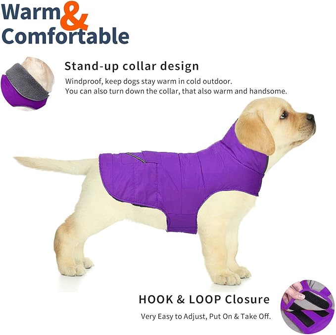 Dog Coat, Waterproof Dog Winter Jacket with Pocket, Reflective Adjustable Pet Snow Vest, Warm Cozy Fleece Sweater for Small Medium Extra Large Dogs - Purple, M