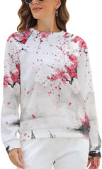 Womens Long Sleeve Tops Y2k Japanese Art Print Sweatshirts Fall Pullover for Women Crewneck Vintage Shirts Boho Tops