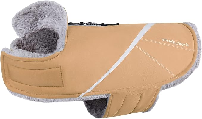 VIVAGLORY Snowrap Dog Coat, Jacket with Harness Hole & Velcro Closure, Dog Coat for Winter & Cold Weather, Fluffy Warm Fleece Lined Reflective Water Resistant for Puppy, M, Khaki
