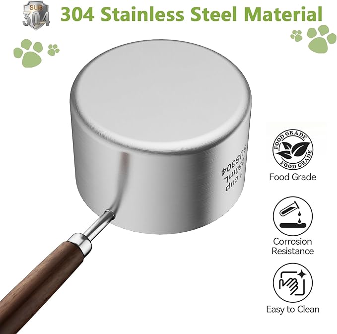 Dog-Cat Food Scoop 1 Cup, 304 Stainless Steel Measuring Cup with Long Wooden Handle, Pet Food Scoop for Rabbit, Easy to Clean Precise Scale