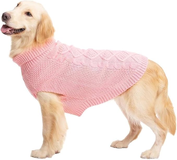 Mihachi Turtleneck Dog Sweater - Winter Coat Apparel Classic Cable Knit Clothes with Leash Hole for Cold Weather, Ideal Gift for Pet in New Year Flesh Pink Medium/Large