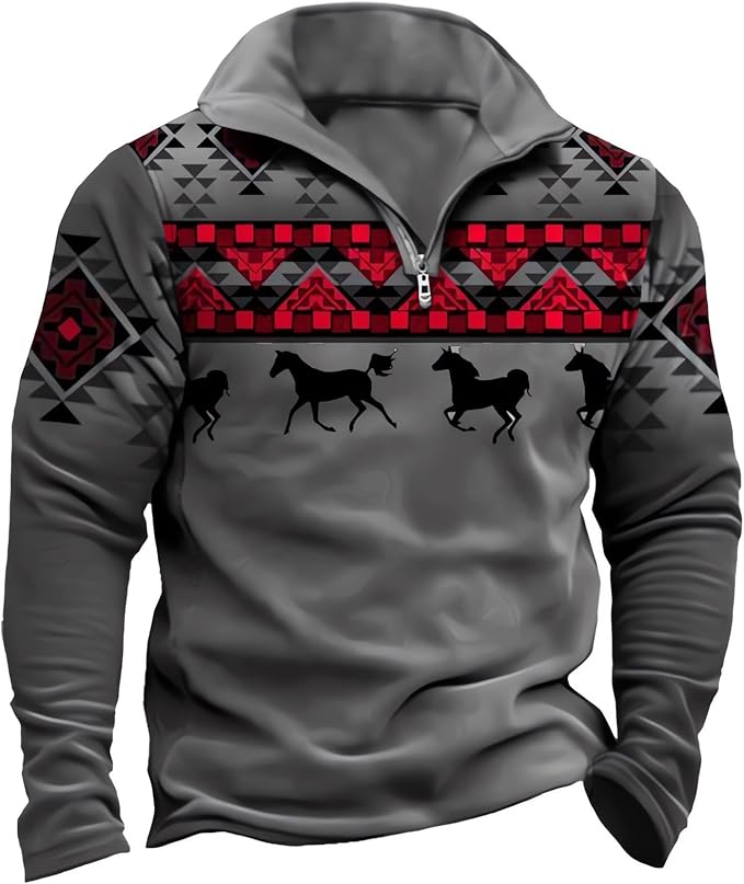 HOTYD Aztec Cowboy Mens Hoodie Vintage Graphic Western Hoodies Casual Long Sleeve 1/4 Zip Pullover Mens Country Jacket
