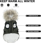 PINA Winter Coat with Waterproof Fabric and Faux Fur Hood, Dog Jacket with Reflective Strap for Small to Large Dogs, Green, M