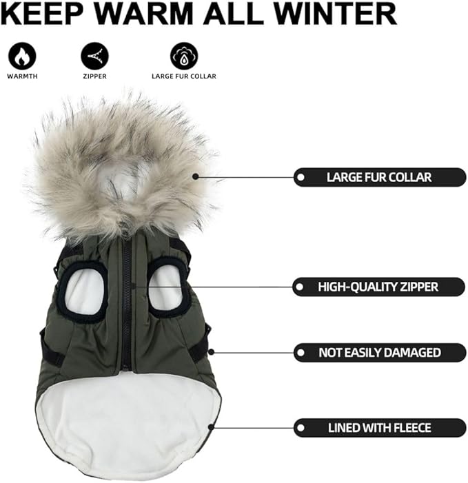 PINA Dog Winter Coat - Waterproof Jacket with Faux Fur Hood, Reflective Strap for Small to Large Dogs, Green, 2XL