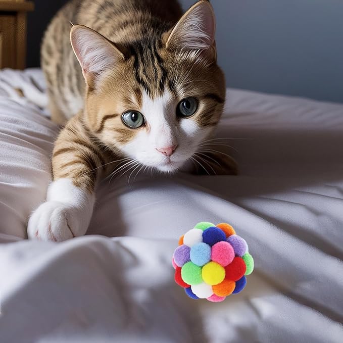 4PCS Cat Toy Balls, 1,75'' Soft Pom Pom Balls for Kittens, Colorful Soft Fuzzy Ball for Cats, Interactive Playing Chewing Toys for Indoor Cats and Kittens, Cute Kitty.