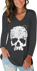 Tobrief Women's Long Sleeve V-Neck Shirts Fall Graphic Tees Loose Casual T-Shirt