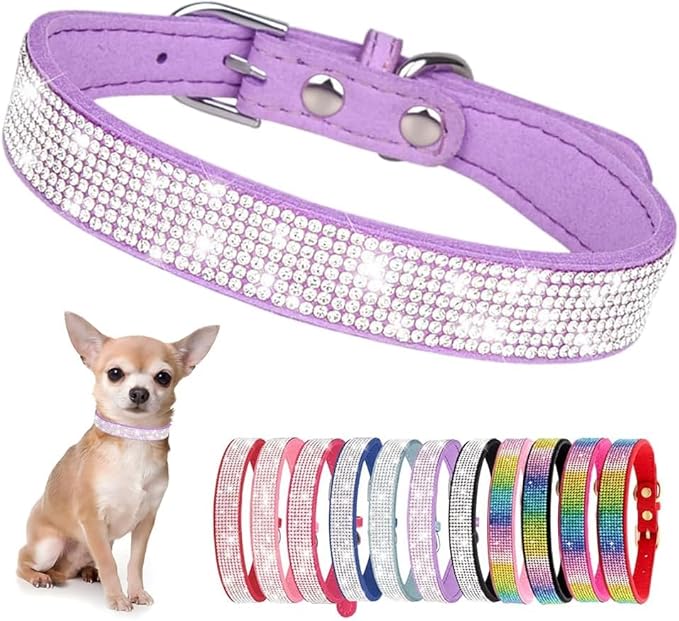 Serijoars Small Dog Collar with Rhinestone Crystal Diamond Colorful Bling Girl Puppy Cat Collars (L, Purple)