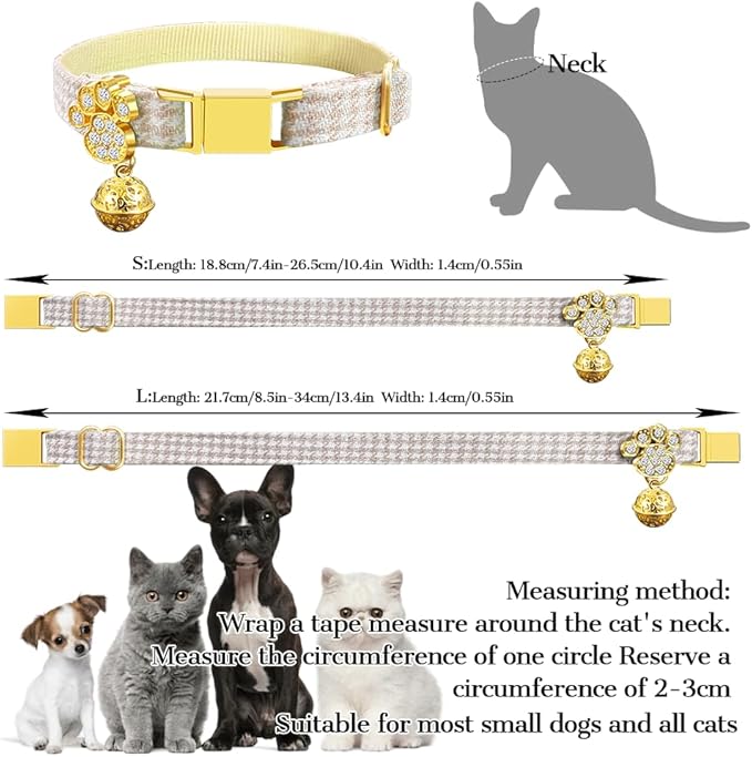 Personalized Breakaway Cat Collars - Magnetic Buckle, Bell - Safety Quick Release, Customized for Girls & Boys Cats- (Houndstooth-Khaki)