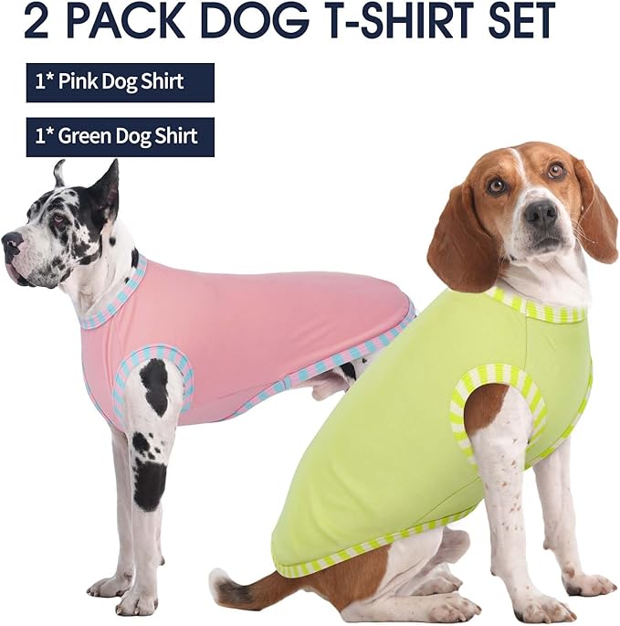 IECOii 2 Pack Large Dog T-Shirt | Non-Restrictive Fit for Running, Breathable Summer Wear - Non-stuffy Design - Keeps Pups Comfortable in Hot Weather, Pink+Green, 2XL