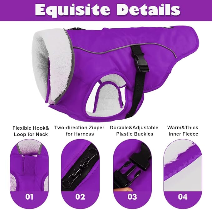 EMUST Dog Jacket Winter, Cozy Windproof Dog Jacket for Cold Weather, Solid Color Pet Vests for Winter for Medium Dogs, Purple, M