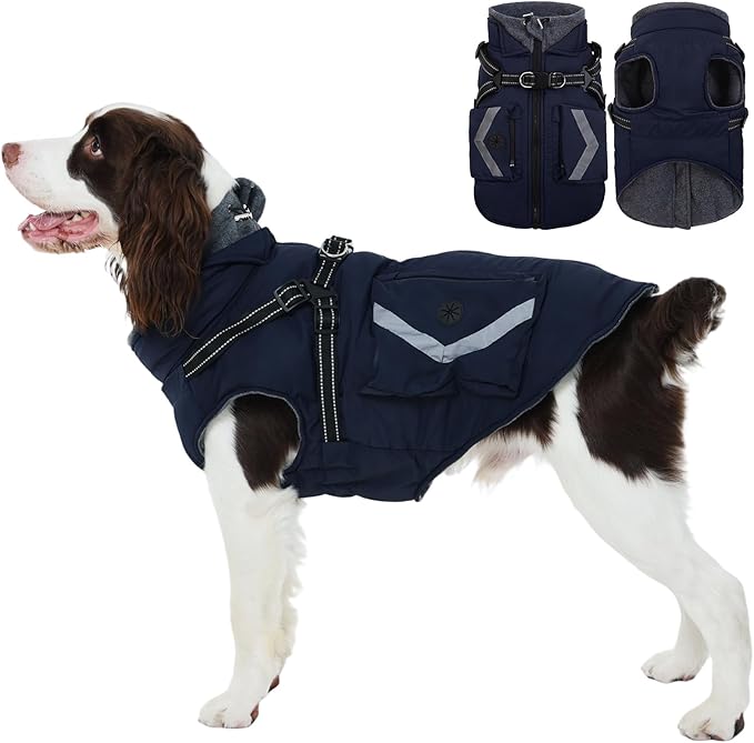 FUAMEY Winter Coat for Dogs Fleece Lined, Extra Large Cozy Dog Jacket with Harness, Turtleneck Doggy Warm Clothes Cold Weather Snow Outfits Reflective Strips, Beagle, Corgi (Dark Blue, XL)