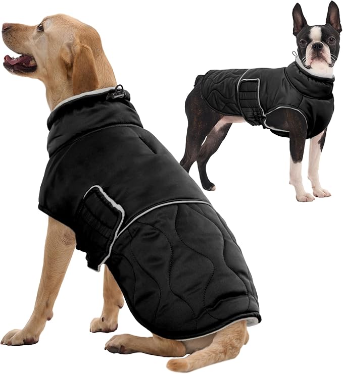 FUAMEY Warm Winter Coats for Large Dogs Windproof, Fleece Lined Dog Jacket Waterproof Snowsuit, Thermal Doggy Vest Adjustable Snow Outfits Cold Weather (Black, 3XL)