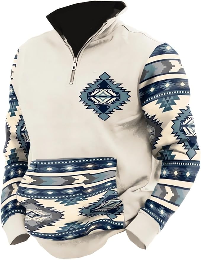 HOTYD Aztec Cowboy Mens Hoodie Vintage Graphic Western Hoodies Casual Long Sleeve 1/4 Zip Pullover Mens Country Jacket