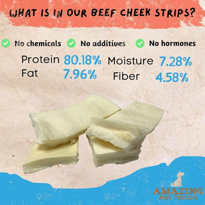 Amazing Dog Treats - Beef Cheek Strips Premium Dog Chew (10 Inch - 5 Pack) - NO Odor - Thick Cut - Rawhide Alternative - Beef Cheek Slice
